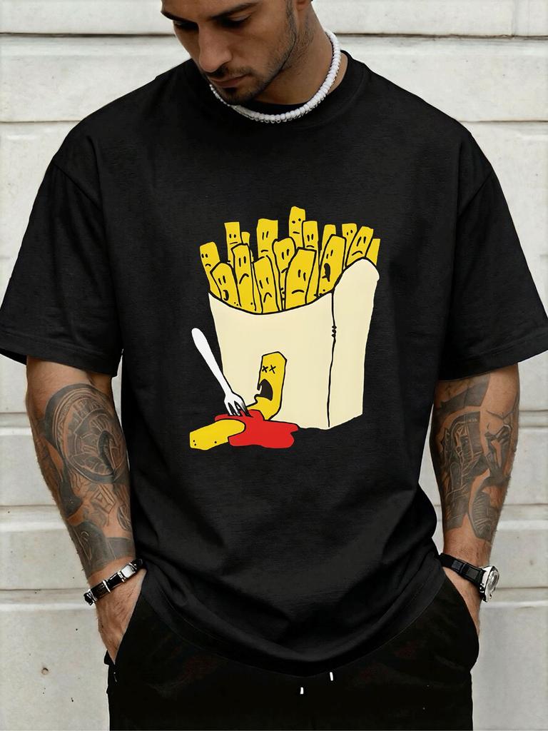 Royal Blue Unisexs Short Sleeve Top Funny Dead Fry With Ketchup Fork Comic Print Loose Fit Cotton Teen Daily Streetwear Tee