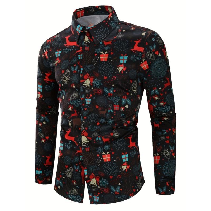 Christmas Theme Men's Gift Elk Graphic Printed Formal Shirts Christmas Graphics Long Sleeve Shirt Fashion Men's Shirts For Men