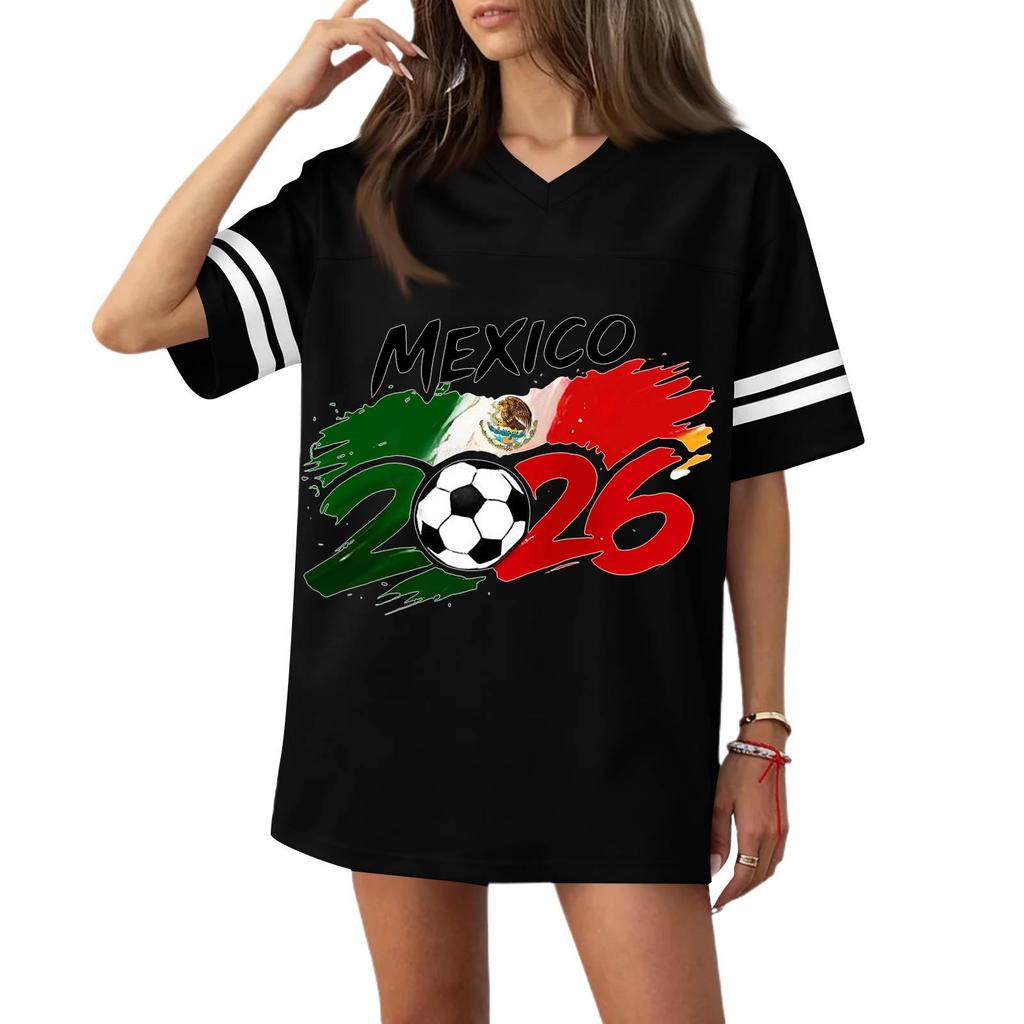 Women V Neck Short Sleeve Soccer Jersey Style Top with Football Flag Print Casual Loose Fit T Shirt for Sports and