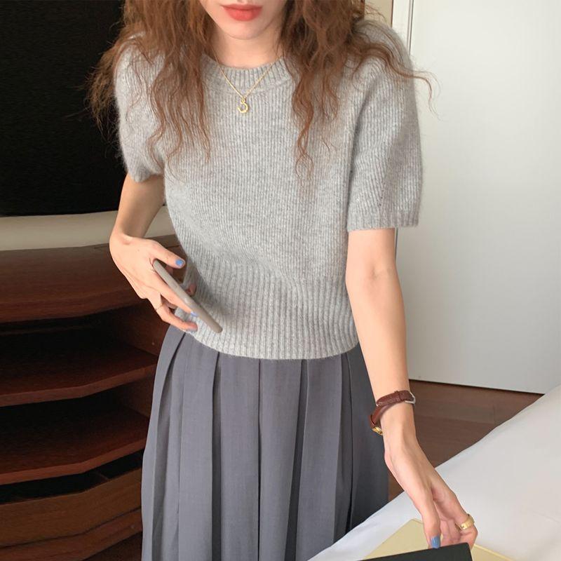 

Футболка с коротким рукавом, женский пуловер, корейская версия, ретро, ​​высококачественное ощущение, иностранный стиль, простой и универсальный короткий трикотаж, топ S серый