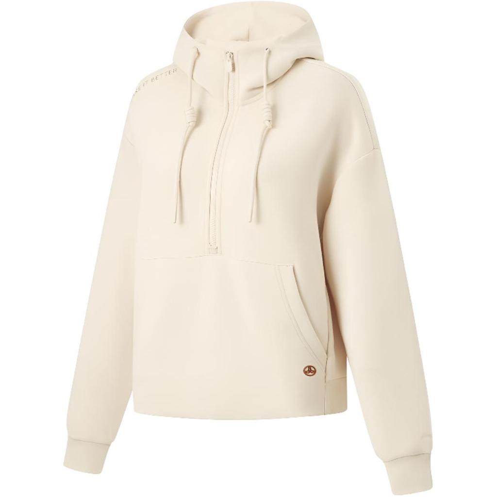 Li Ning Comfortable Hooded Drawstring Long Sleeve Knit Top Women Tops Oatmeal AWDU866-3