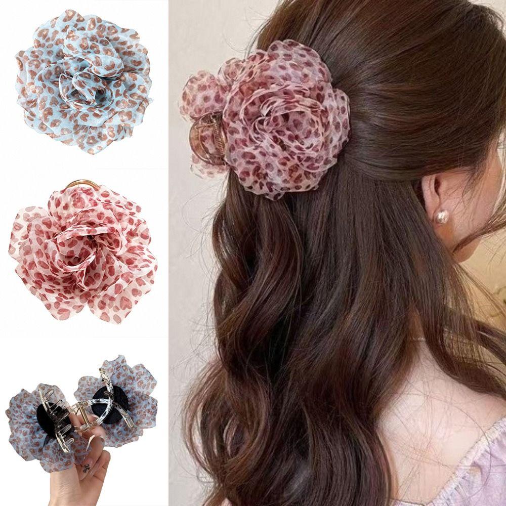 Fabric Flower Hair Claw Clip Floral Mesh Large Hair Grab Clip Leopard Print Hair Clip For Women