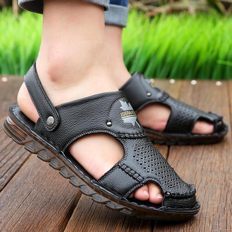 100% Genuine Leather Summer Shoes Mens Sandals Fashion Brand Male Footwear Flat Non-slip Cow Leather Summer Holiday Shoes