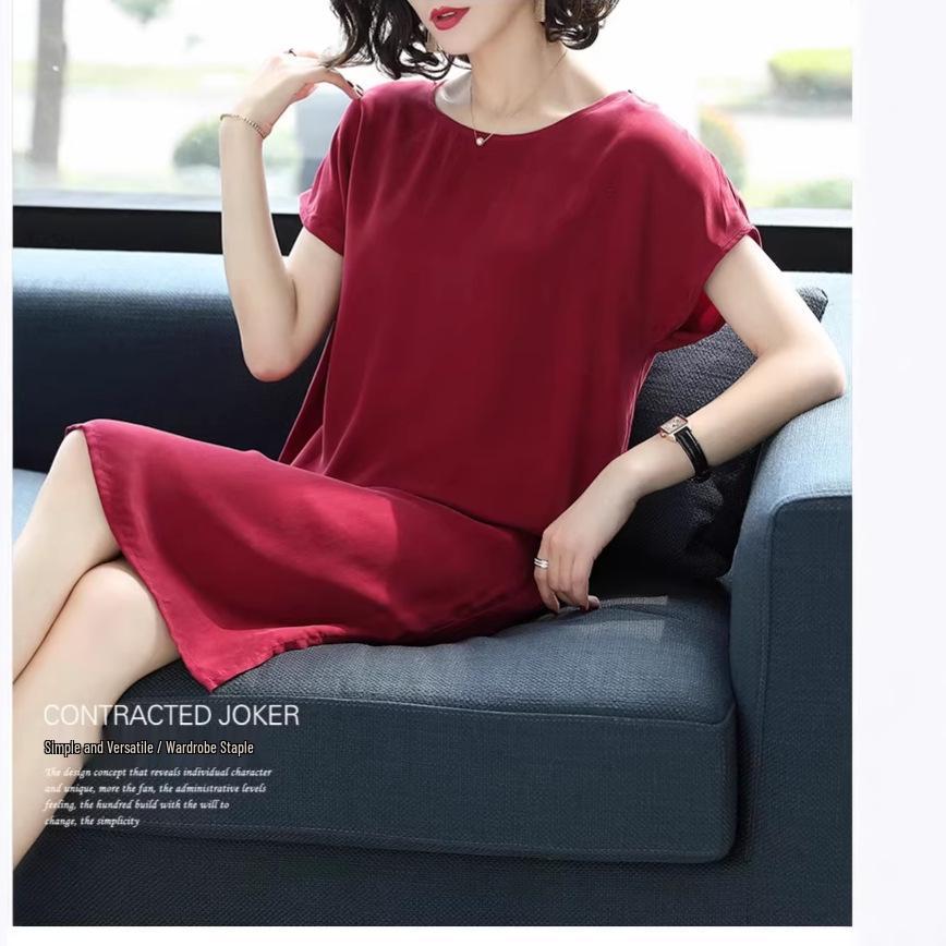 Women's Plus Size Elegant Solid Color Midi Dress - Loose Fit, Heavyweight Cupro Silk, Short Sleeve, 2026 Summer Collection