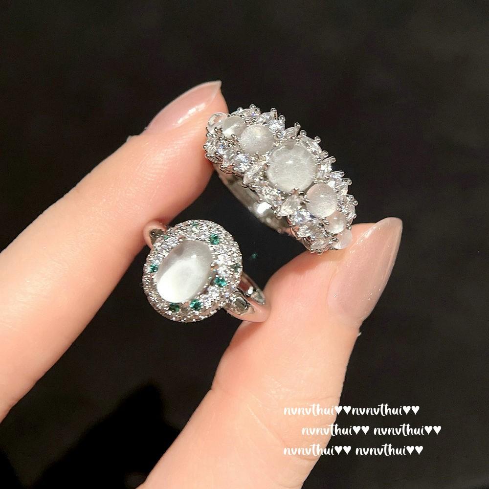 Concubine Smile Ice Chalcedony Arrangement Gemstone Ring, New Chinese Style, White Chalcedony Pink Diamond Pigeon Egg Zircon Necklace