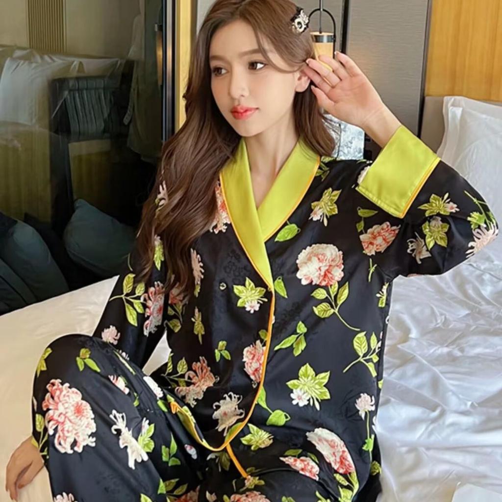 Women's Ice Silk Pajama Set: Long Sleeve, High-End Forest Style for Spring & Autumn Wear
