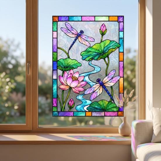 Waterproof Window Film Dragonfly Lotus Stained Glass Style Cling, Rainbow Suncatcher Static Pattern Decal, Privacy for Home Door Balcony Bathroom