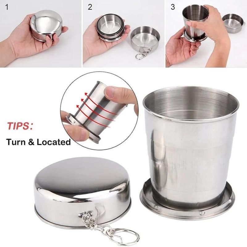 250Ml Stainless Steel Folding Cup Outdoor Travel Camping Portable Collapsible Water Cups With Keychain Retractable Teacups