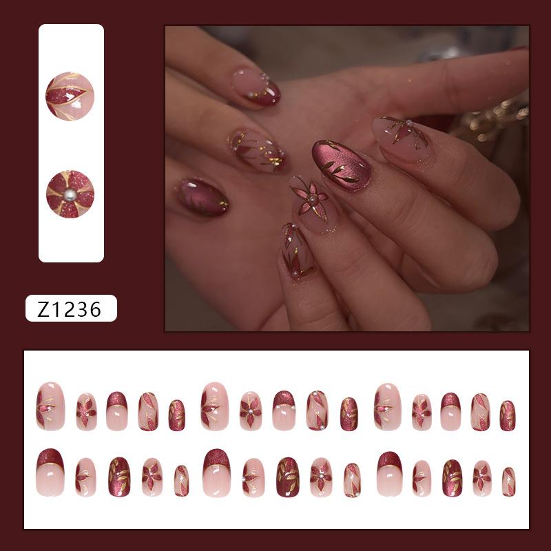 Трехмерный кошачий глаз бронзирующий штрих красно-коричневый цветочный темперамент ретро европейский и американский ins стиль съемный маникюр 30 штук