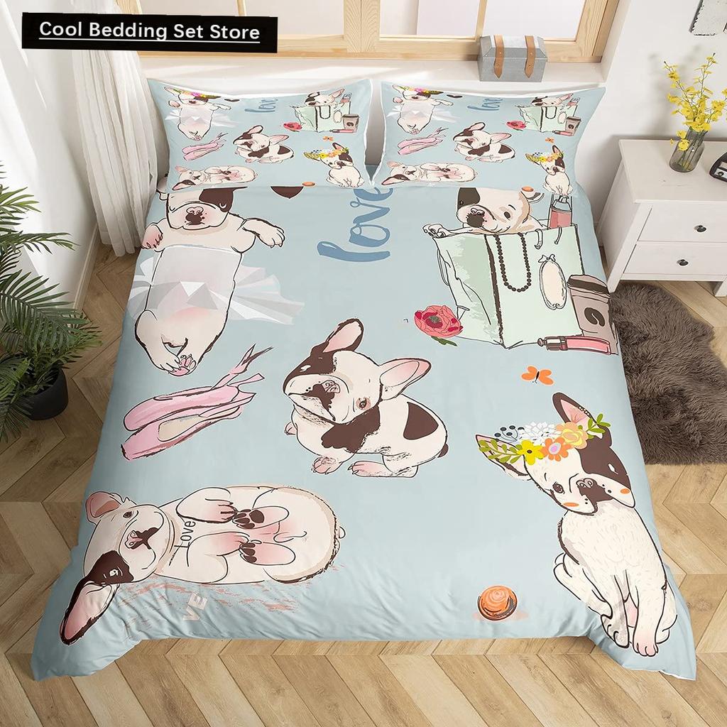 Cartoon Bulldog King Queen Duvet Cover Shar Pei Pup Dog Bedding Set Lovely Pet Puppy Doggy Quilt Cover Polyester Comforter Cover