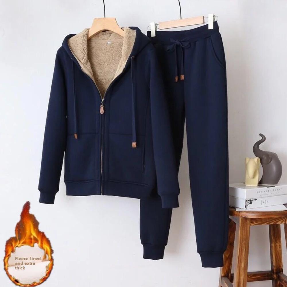 Winter Thicken Fleece Sweatshirts Hoodies Women Two-piece Suit Casual Sports Sets Female Short Coat Straight Pants