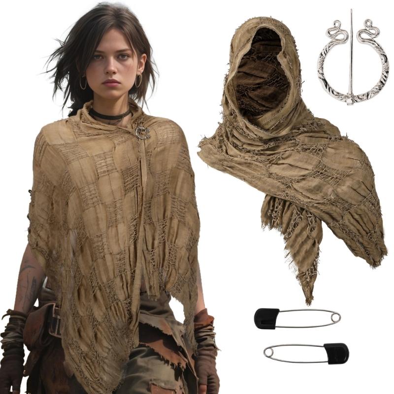 Medieval Waste Land Scarf Shawl Renaissant Costume Accessory With Shawl Brooch Unisex Cotton Blend Cloak for Halloween