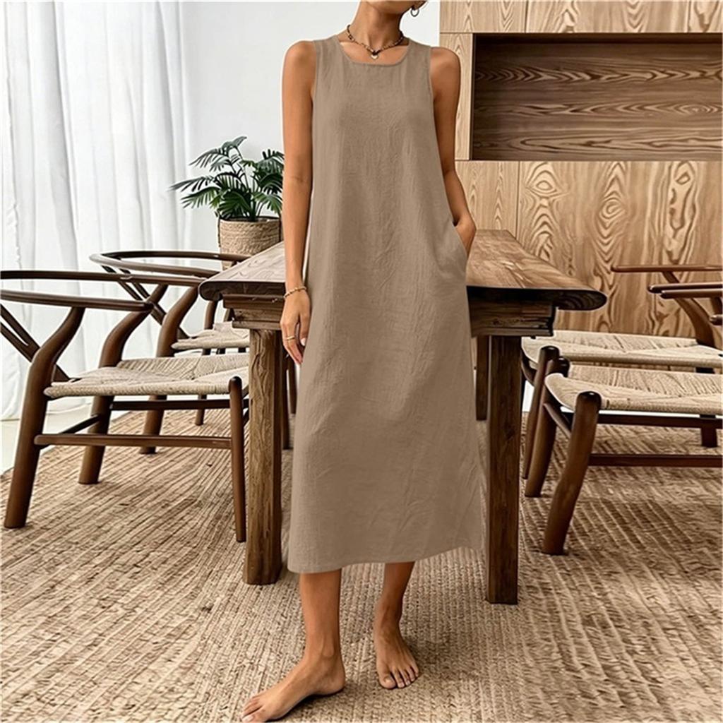 Ärmelloses Damen-Freizeitkleid aus Leinen-Baumwollmischung, Midi, lockere Passform, Rundhalsausschnitt, Sommer-Strandkleid mit Taschen