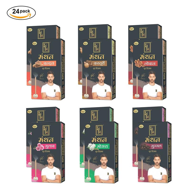 Zed Black Manthan Dhoop Sticks Pack of 24 (6 X 4) Bamboo Less Incense Sticks In 6 Fragrances for Meditation Sticks (240 Units)