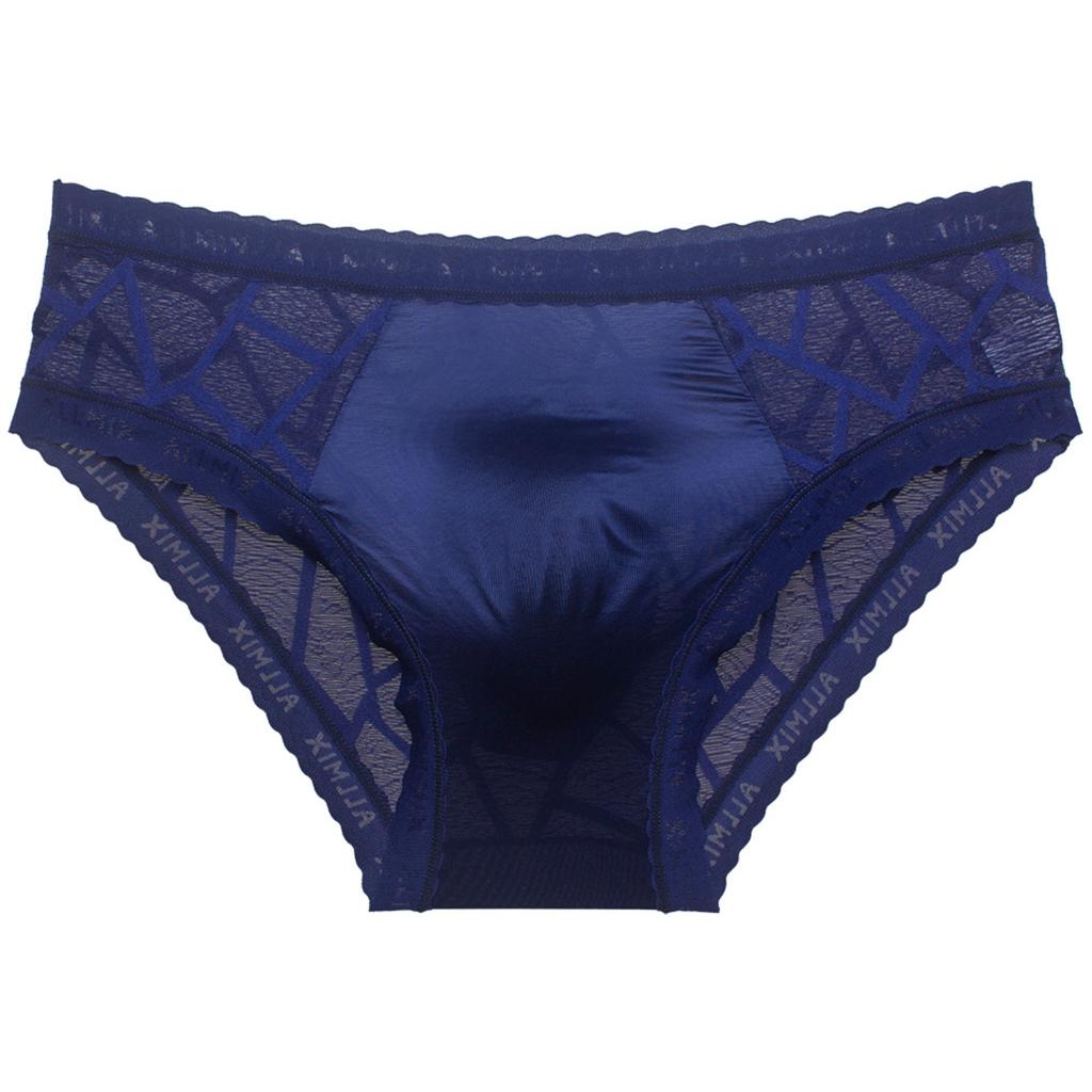 Men's Underwear 3D Pouch Sexy Letter Print Semi-Transparent Ice Silk Lace Cutout Briefs