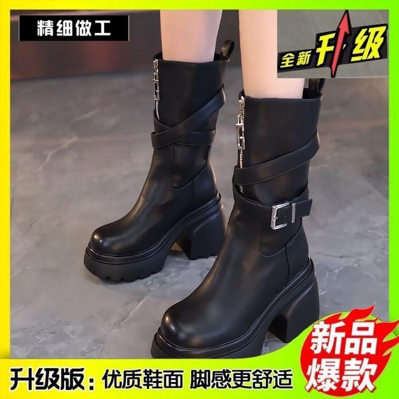 

Мягкая кожа толстая подошва маленький толстый каблук короткие ботинки женские ботинки Мартин, новые ботильоны на высоком каблуке с пряжкой ремня, осень-зима 2025 38