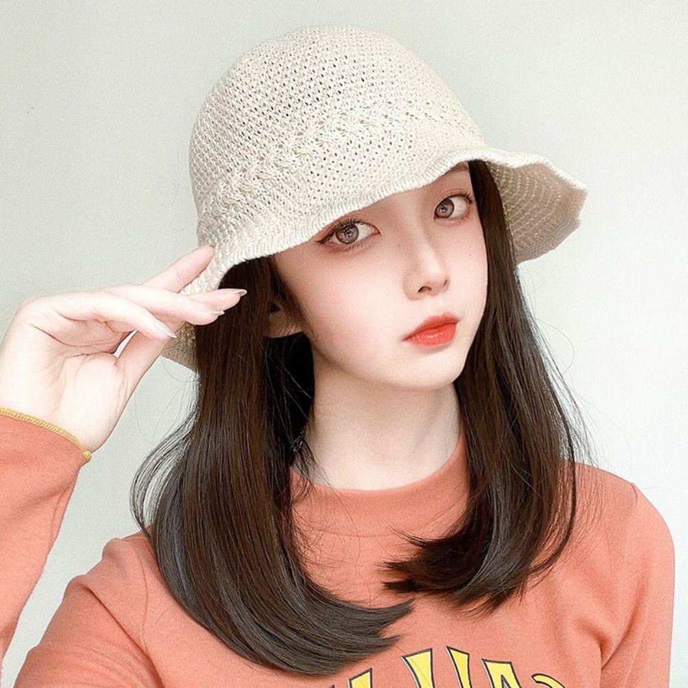 Women Girls Spring Straight Bob Wigs Fisherman Hat Wig Sunshade Hat Short Wigs Bucket Hat Fake Hair