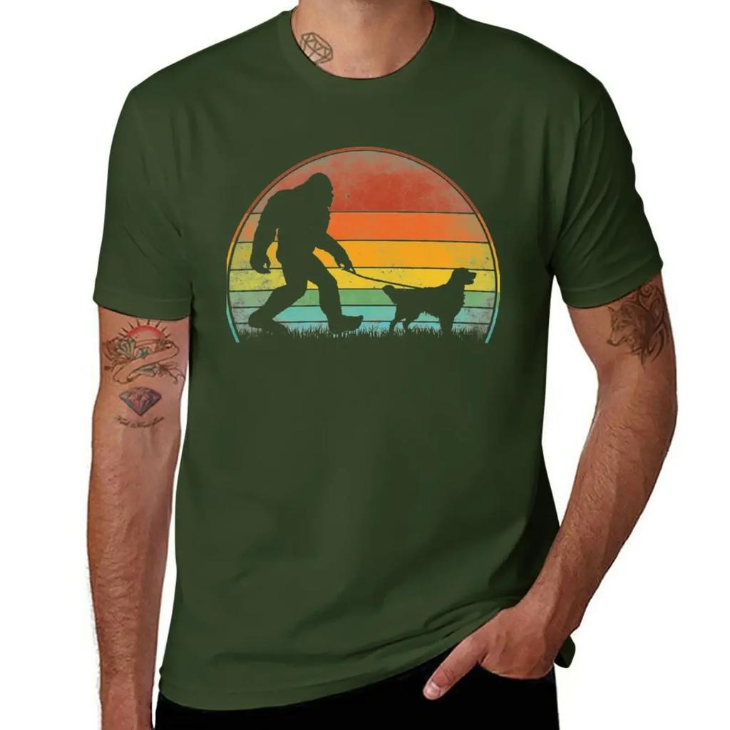 quick drying t-shirt cat shirts t shirt graphic Bigfoot Walking Golden Retriever Sasquatch Dog Lover T-Shirt