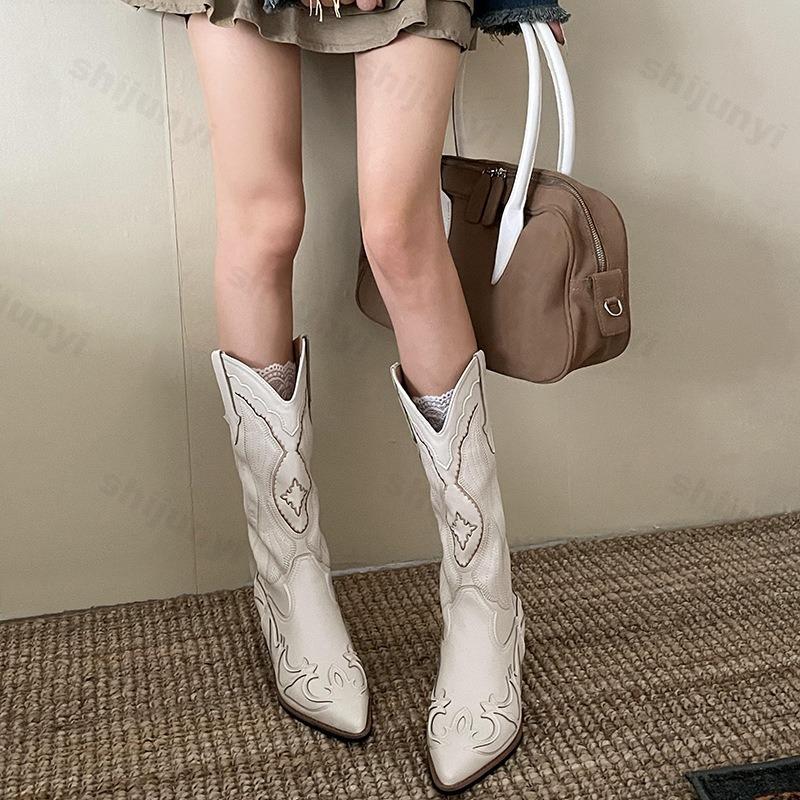 Fashion Women Boots 2025 Autumn New Embroidered Western Cowboy Boots Pointed Toe Thick Heel High Knee Boot Woman Long Boots High-quality