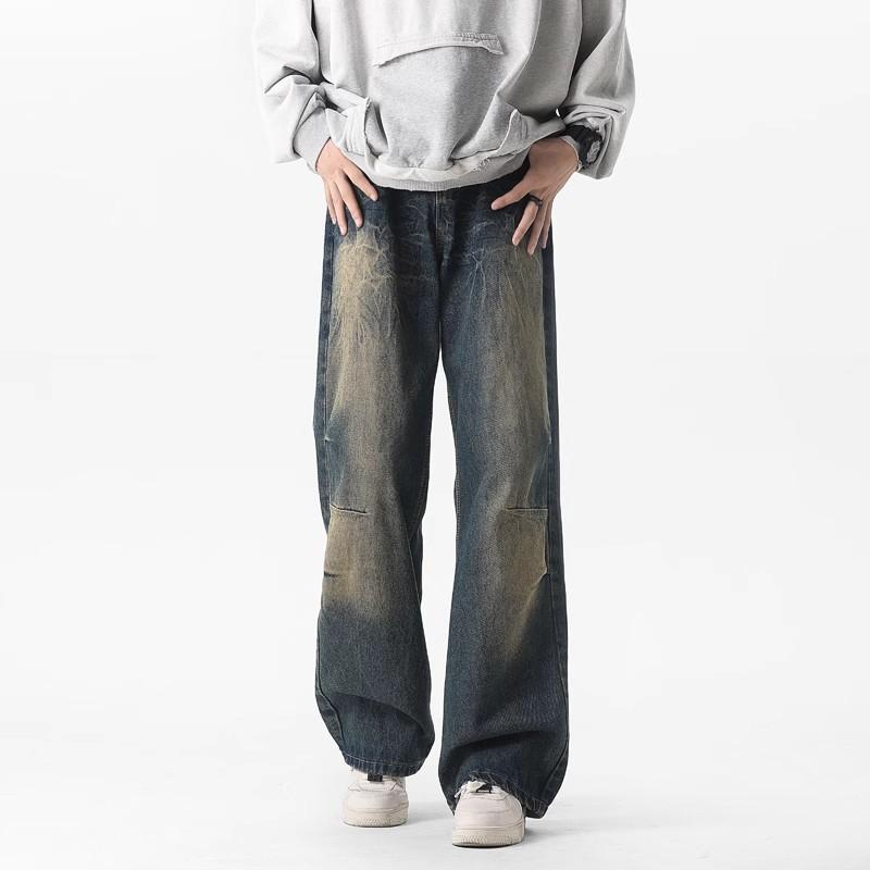 American retro jeans men's loose straight pants high street trendy brand versatile washed old wide-leg casual trousers