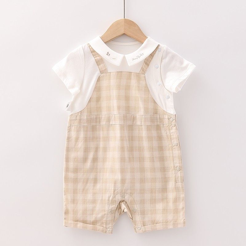 [Good] Mall Brand Discount New Style Baby and Toddler Comfortable Pure Cotton Breathable Patchwork Short-Sleeve Romper 1X034 Camel color 59