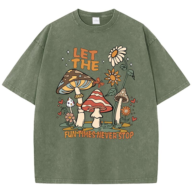 Fun Times Never Stop Mushroom Sunflower Print Washed Womens T-Shirt Loose T Shirts Summer Cotton Streetwear Clothes