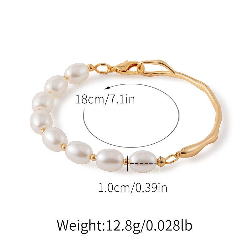Gold Plated Half Pearl Half Irregular Metal Bangle Bracelet