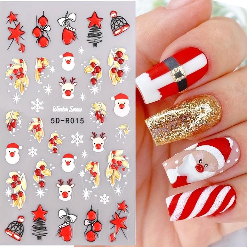 1 Sheet 5D Embossed Christmas Nail Art Stickers - Santa Claus, Reindeer, Neon Lights & Snowflakes Self-Adhesive Nail Decals