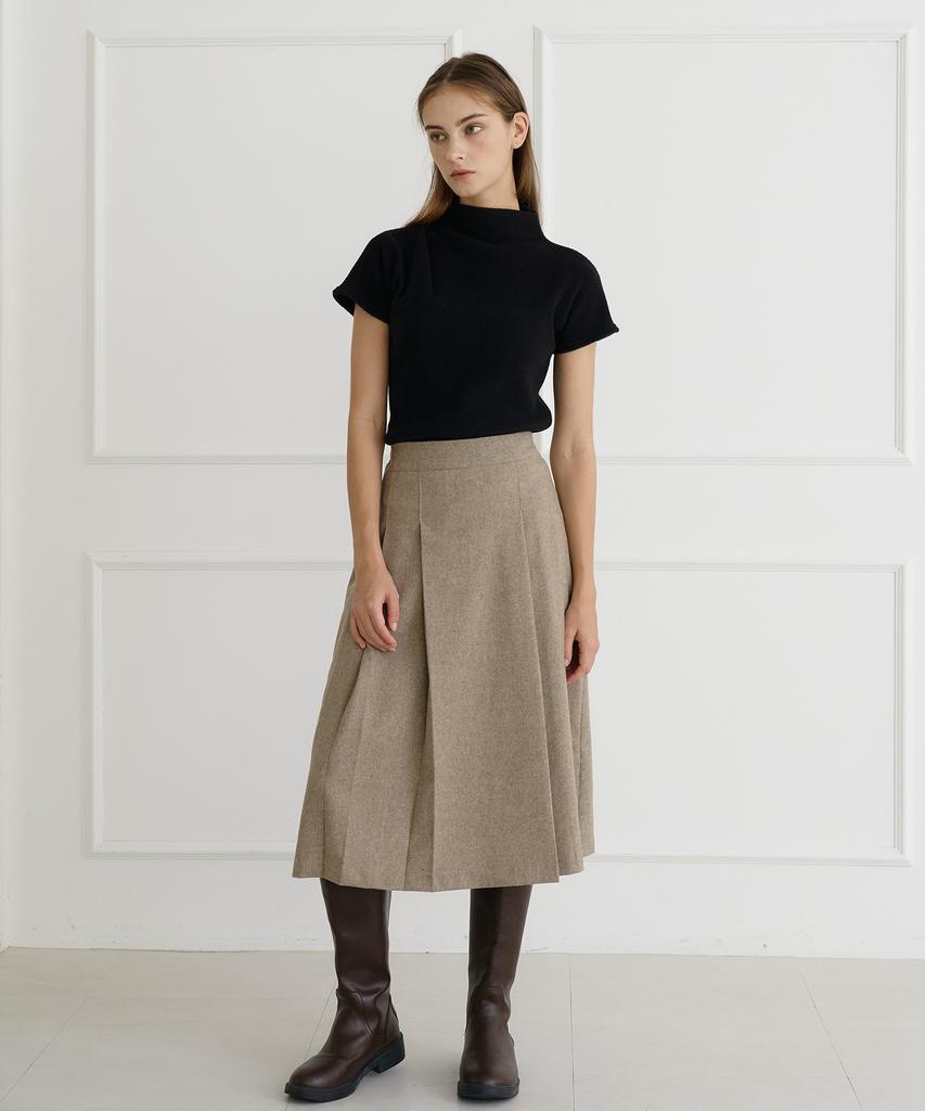 Bye Bye Seop Tuck Pleated Wool Midi Skirt Ash Beige [T44]