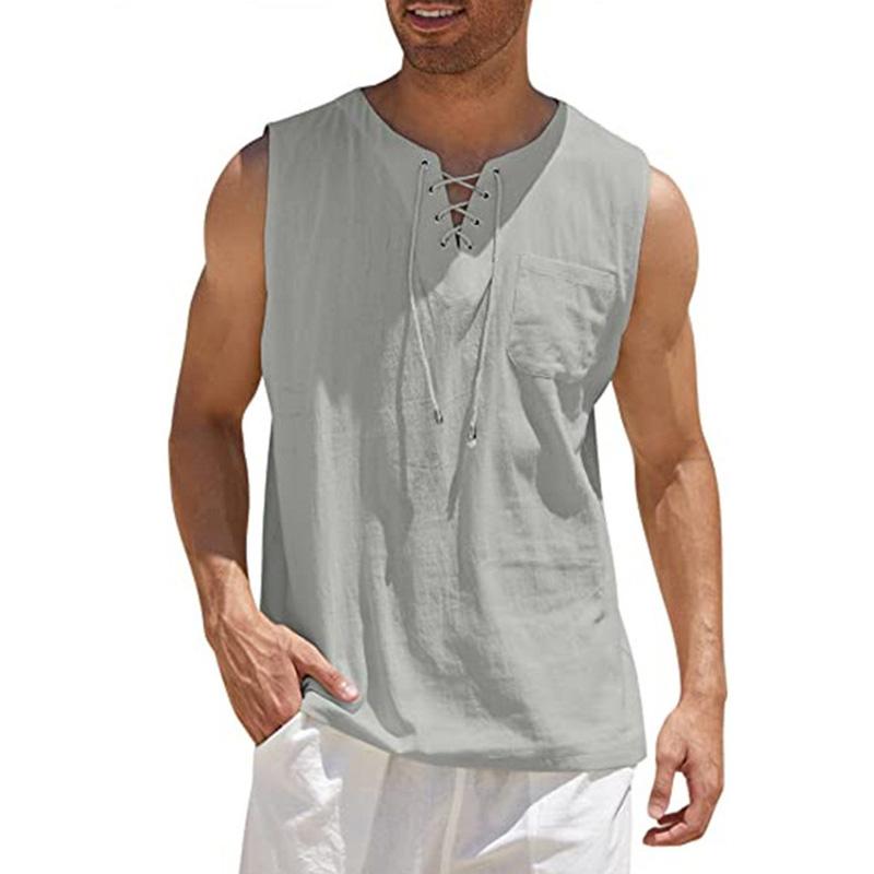 Men Loose Waistcoat Tank Top Vest Lace-up V Neck Sleeveless Cotton Linen Pullover Casual Streetwear 2X серый