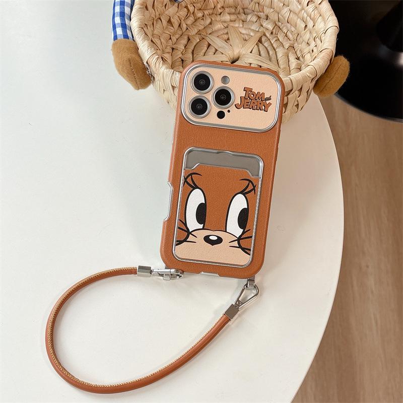 Cartoon Mouse Leather Card Holder Lanyard for iPhone 15/16/17 Pro Max