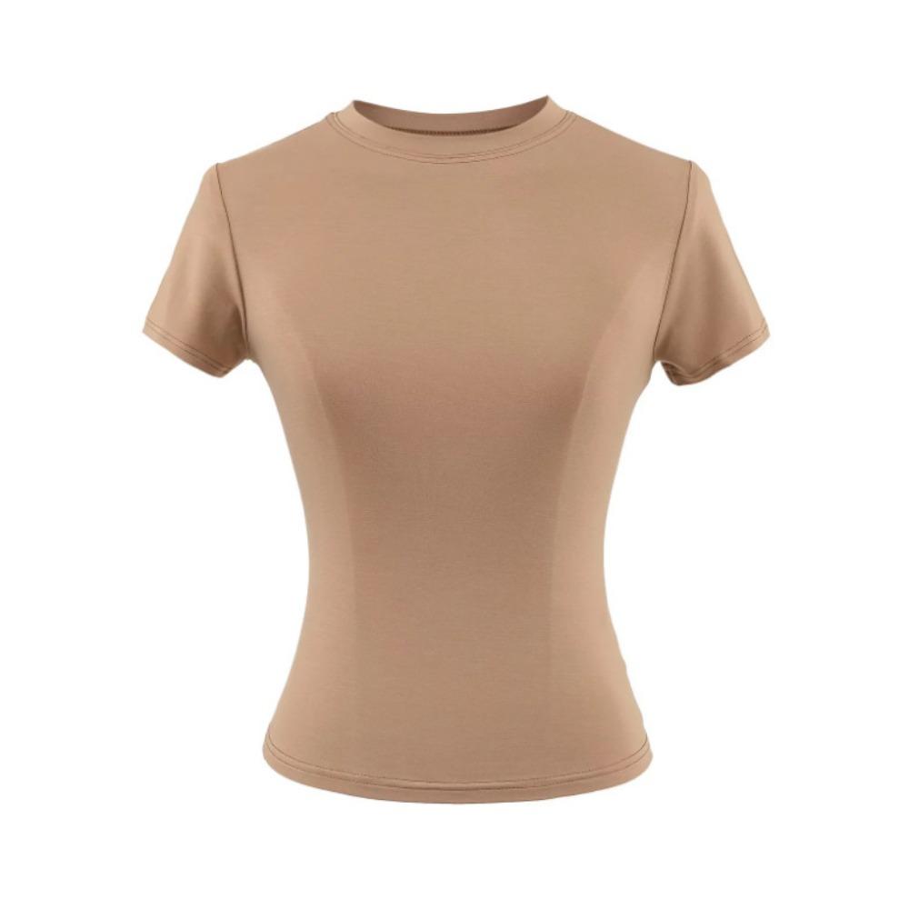 

Летняя Новинка Spice Girls Однотонная Кардашьян Топ с Круглым Вырезом Облегающего Кроя с Коротким Низом Базовая Футболка с Коротким Рукавом L верблюд