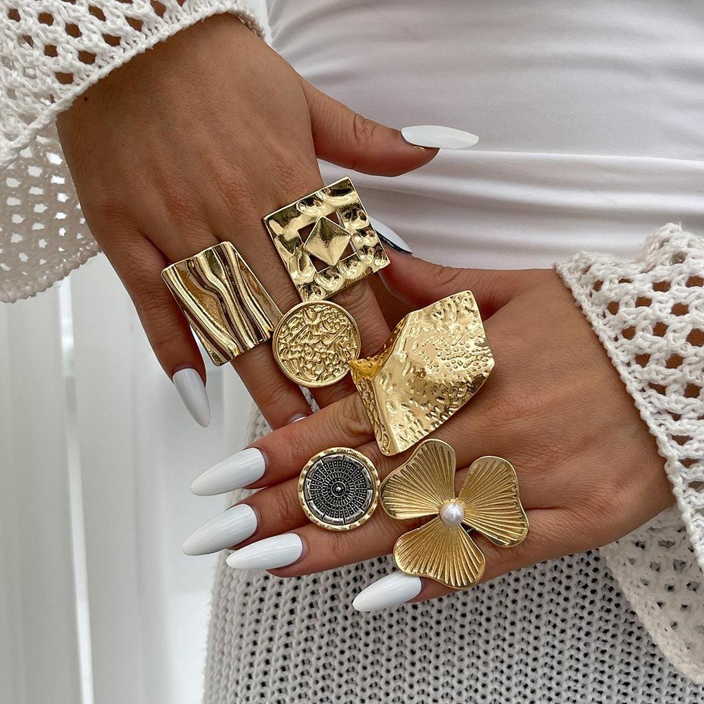 Vintage Geometric Pleated Flower Joint Rings Gold Silver Color Irregular Imitation Pearl Knuckle Ring Hollow Out Fashion Jewelry for Women Men