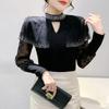 New Spring Autumn European Women Fashion Shiny Hot Diamonds Bling Mesh T-Shirt Chic Sexy Lace Long Sleeve Black Tops Streetwear Girl Tees
