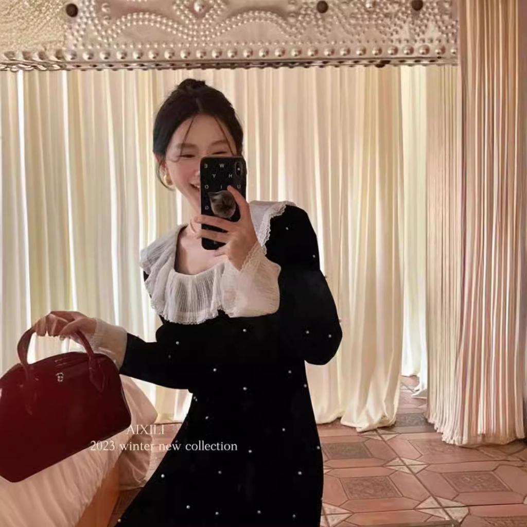 Plus Size Primavara si Toamna Decolteu Patrat Dantela Perla Temperament Rochie cu talie A-line Rochie