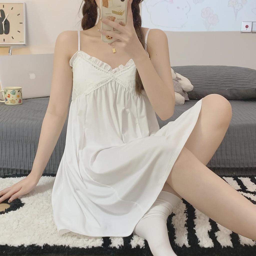 White Summer Nightdress with Chest Pad – Sweet, Pure Desire Style Imitation Cotton Pajamas for Women