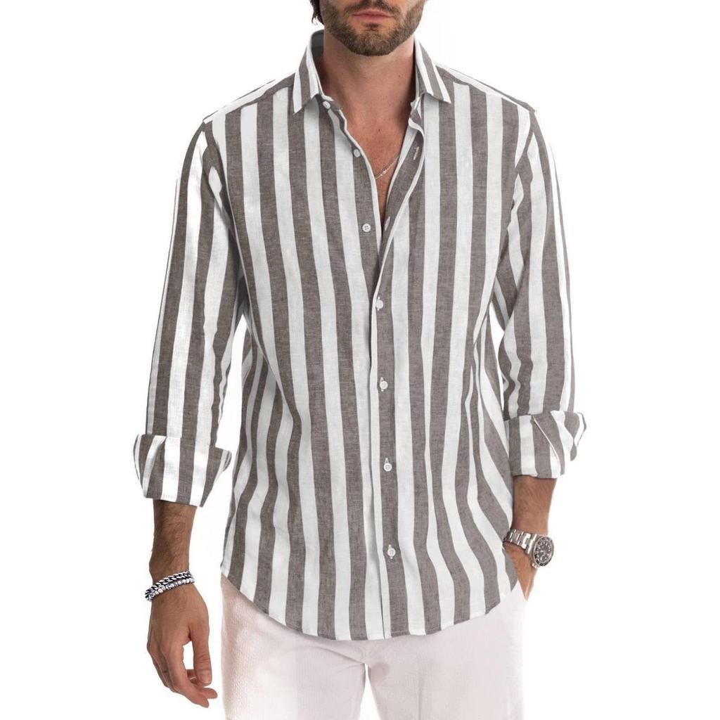Men's Autumn Long Sleeve Striped Shirt Lapel Loose Tops Man Clothing
