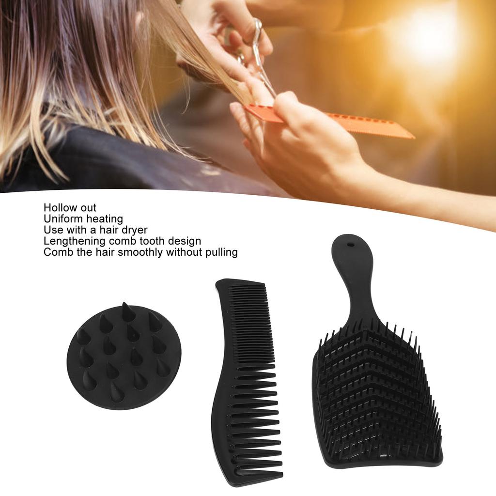 3pcs Hair Comb Set Easy Detangling Hollow Out Comb Wide Teeth Comb Hair Washing Brush Black