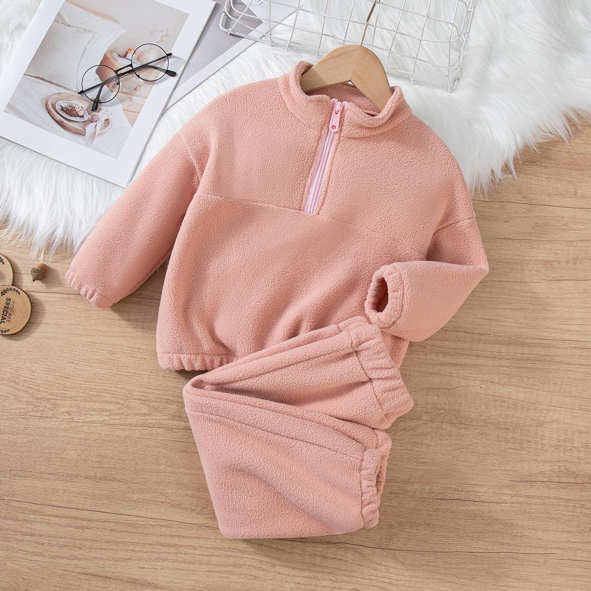 

Girls Winter Casual Outfit Solid Color Fleece Thickened Hoodie Pants Clothes Set Half-Zip Children Sweater Sets 80 рожевий