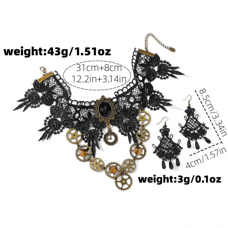 Vintage Lace Gothic Necklace Earring Set Women - Handmade Retro Floral Geometric Pendant Jewelry Accessories