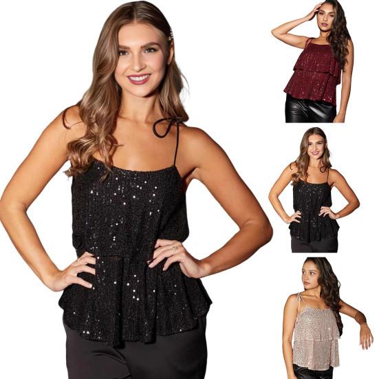Sexy Trägerweste Doppellagig Glänzende Pailletten Damen Tops Glitzerdetails Normal