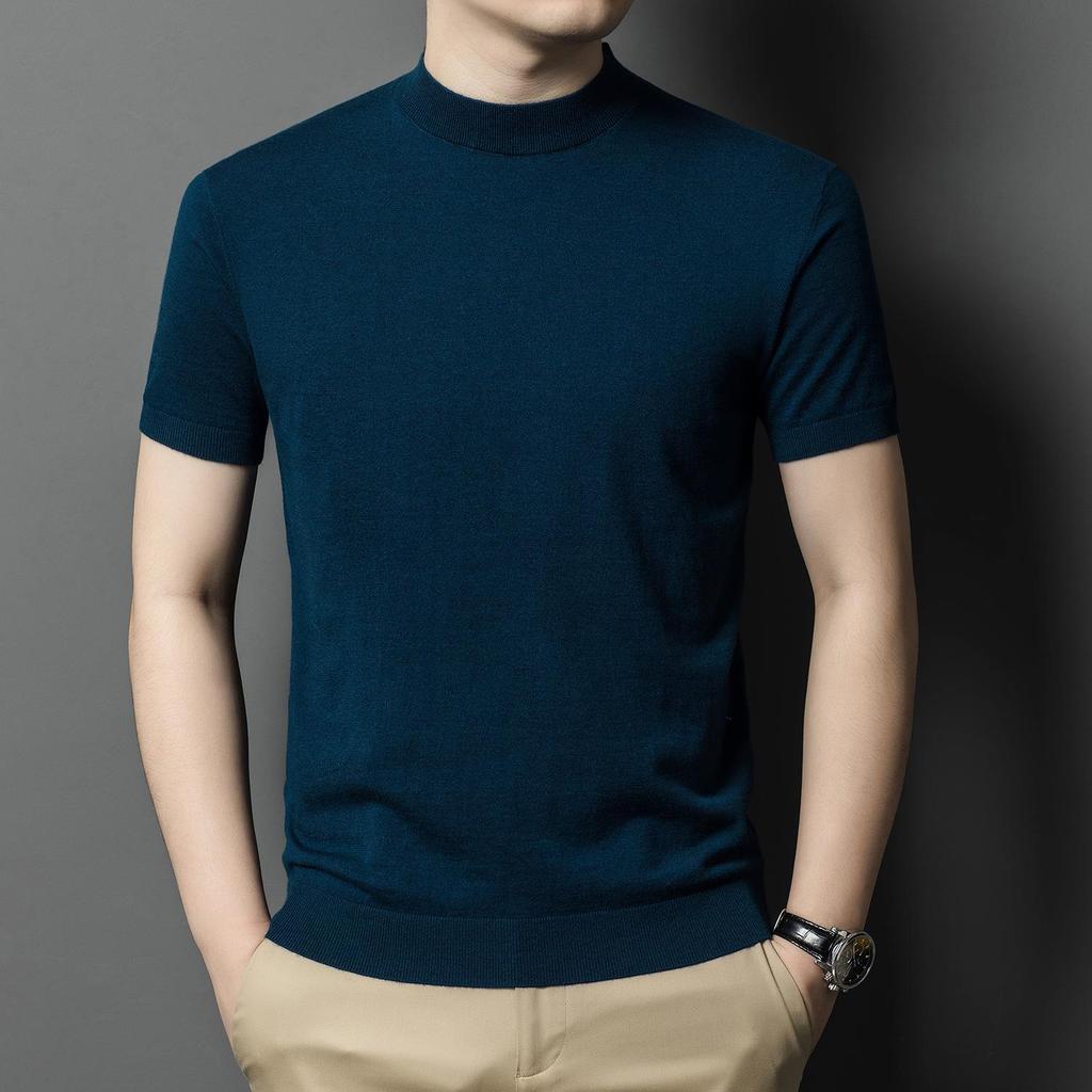 Men's Pure Wool Short-Sleeve Sweater - Lightweight, Half-High Neck Knitwear for Spring/Summer