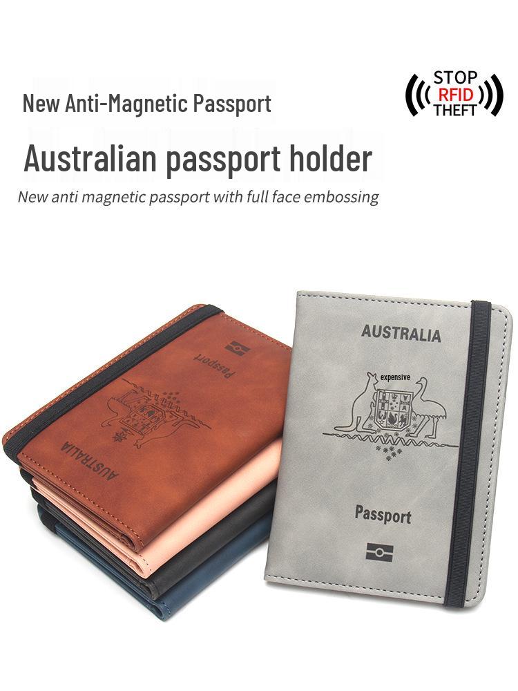 Australian Anti-magnetic Leather Passport Holder with Multi-card Slots and Elastic Band