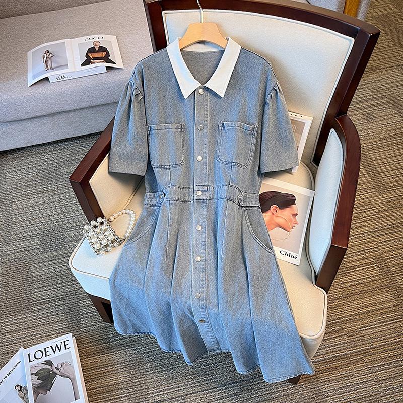 

Plus Size Denim Lapel Dress for Women - Slimming Medium Long Skirt for Spring/Autumn, Fits 200-300 lb 3XL синий