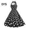 Women Vintage Dress 50s Retro A-line Big Swing Sleeveless Dot Print Contrast Color Elastic Bust Halter Neck High Tight Waist Backless Knee Length