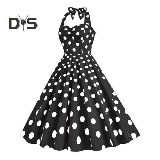 Women Vintage Dress 50s Retro A-line Big Swing Sleeveless Dot Print Contrast Color Elastic Bust Halter Neck High Tight Waist Backless Knee Length