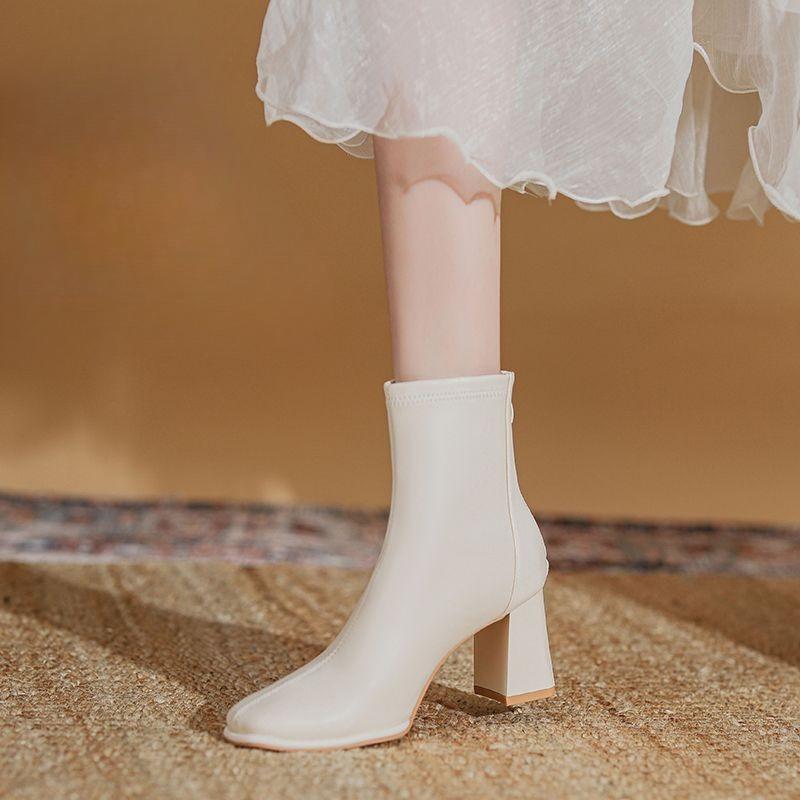 

Heeled Square Toe Fleece-Lined Female Short Shoes Autumn Winter Leather Women s Ankle Boots High Quality Designer Luxury Booties 35