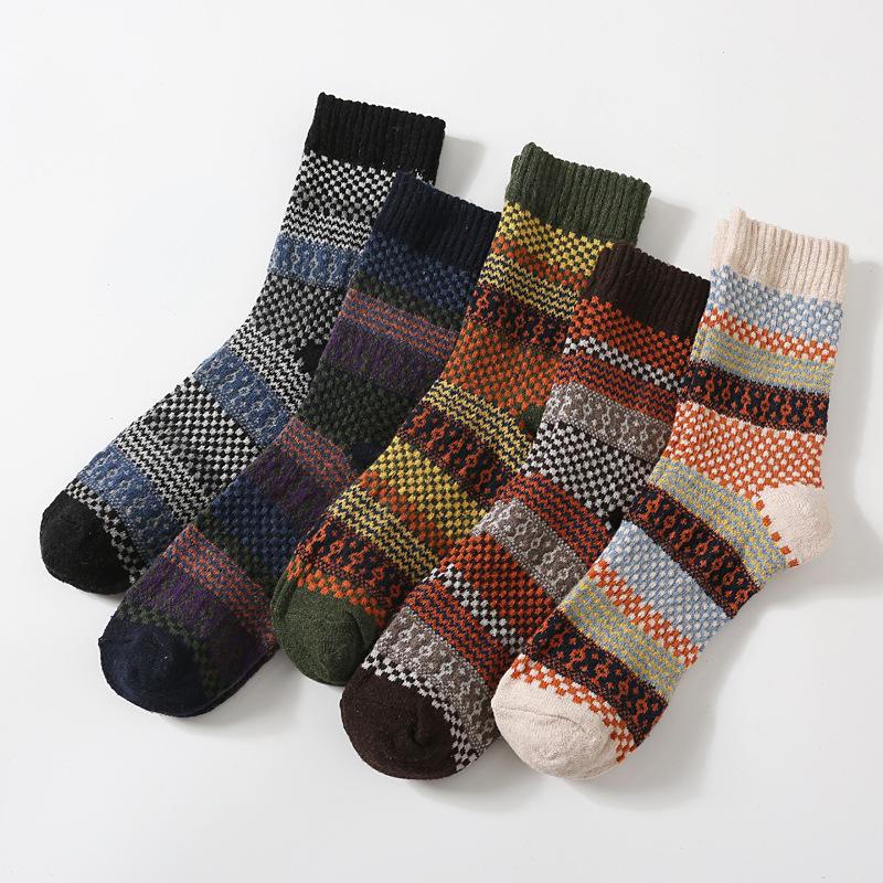 5/10 Pairs Winter Thickened Warm Faux Rabbit Wool Socks for Men Double Layer Retro Ethnic Style Mid Calf Cotton Socks for Cold Protection