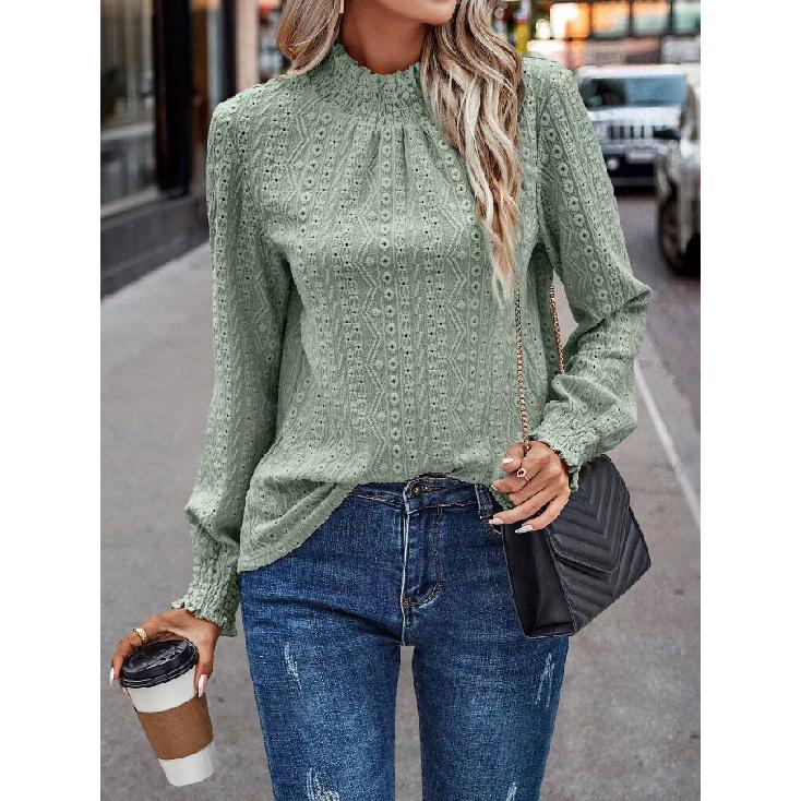 2026 New Jacquard Round Neck Casual Long Sleeve Women s Solid Color Simple Versatile Top T-Shirt S