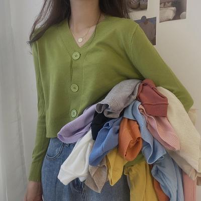 V-Neck Single Breasted Button Pullovers Sweaters Women Fall Spring Long Sleeve Short Small Fresh Outer Wear Knitted Cardigan Tops One Size Solid